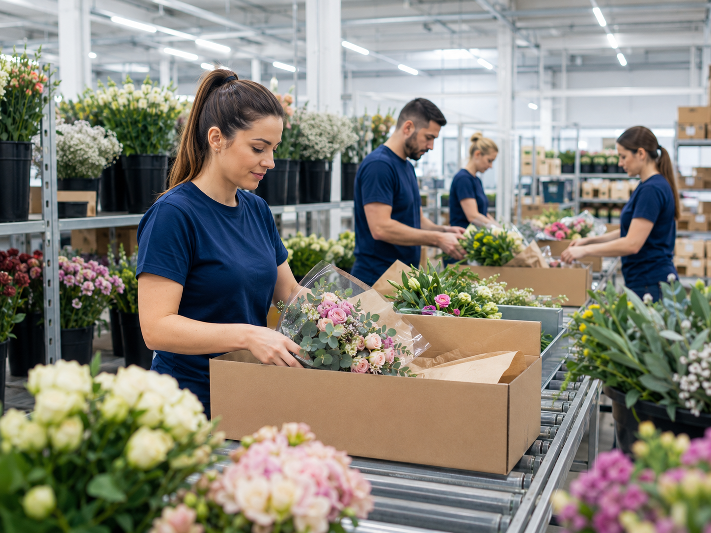 Seasonal employees packing flowers